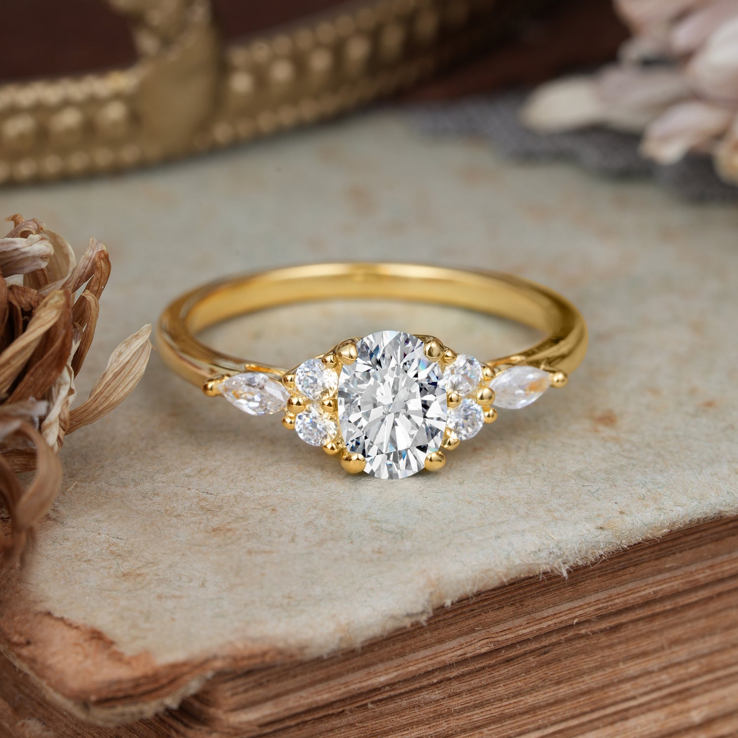 Oval Cut 4 Prong  Lab Diamond Classic Side Stone Engagement Ring