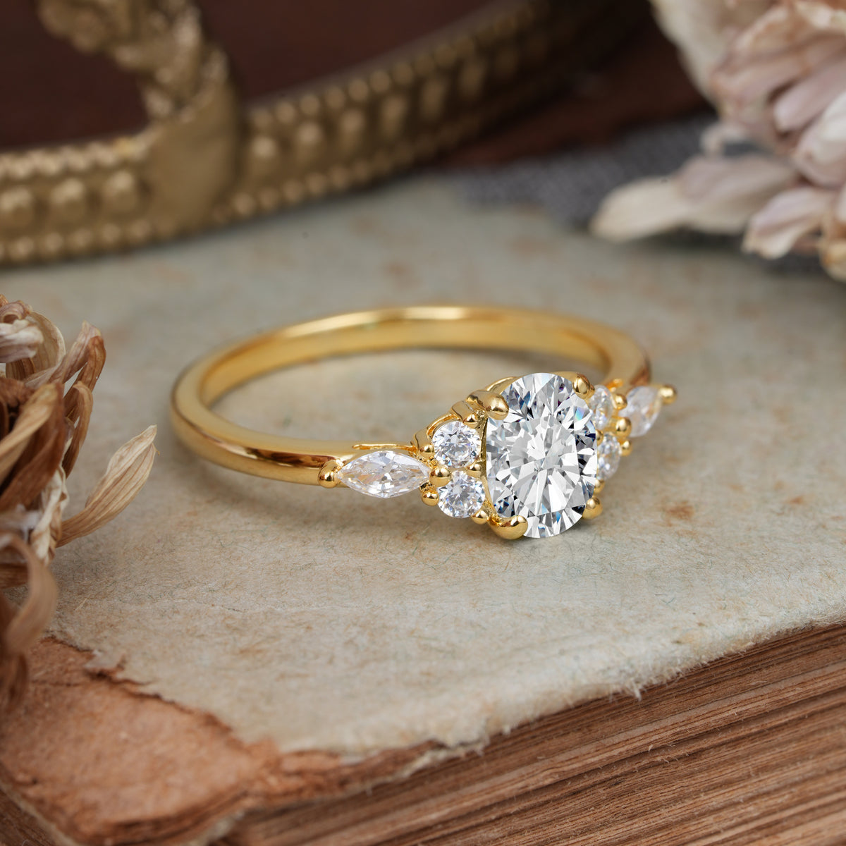 Oval Cut 4 Prong Lab Diamond Classic Side Stone Engagement Ring - Romalar Jewelry