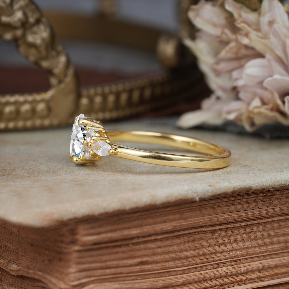 Oval Cut 4 Prong Lab Diamond Classic Side Stone Engagement Ring - Romalar Jewelry
