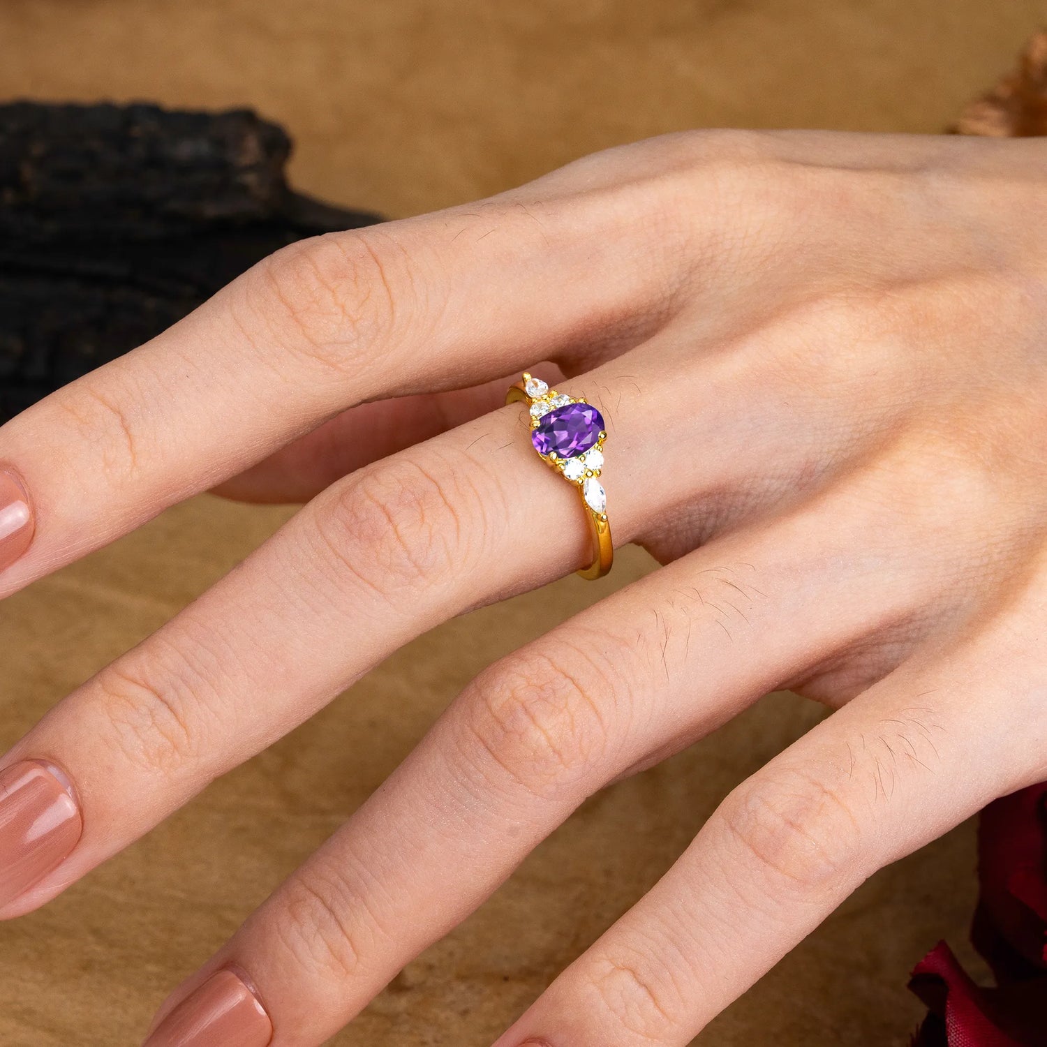 Oval Cut Amethyst Classic Side Stone Engagement Ring