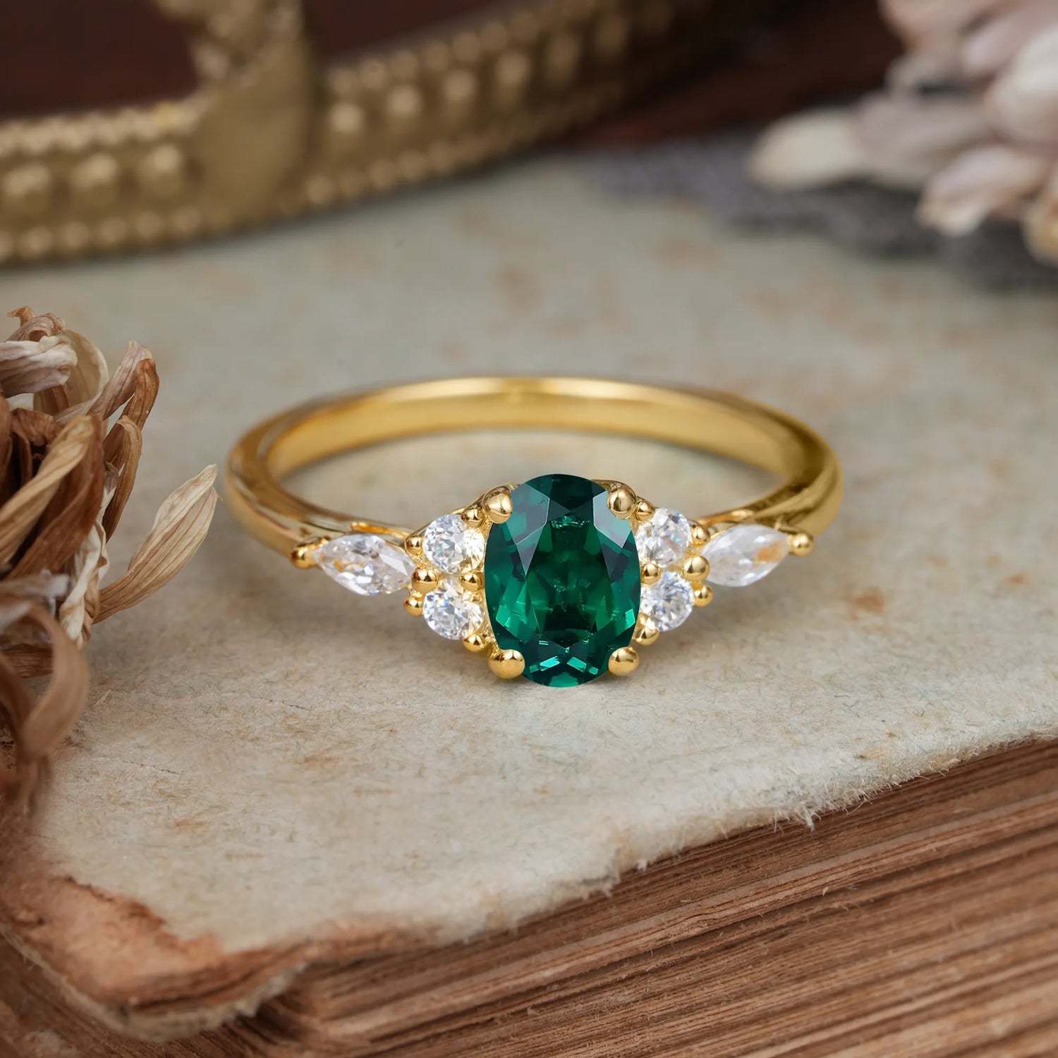 Oval Cut Emerald Classic Side Stone Engagement Ring - Romalar Jewelry