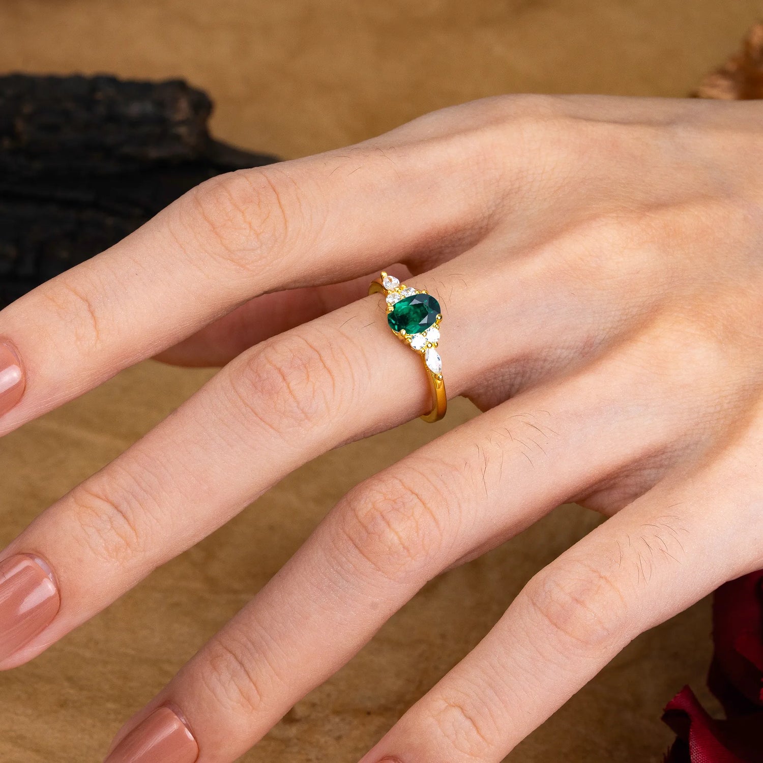 Oval Cut Emerald Classic Side Stone Engagement Ring - Romalar Jewelry