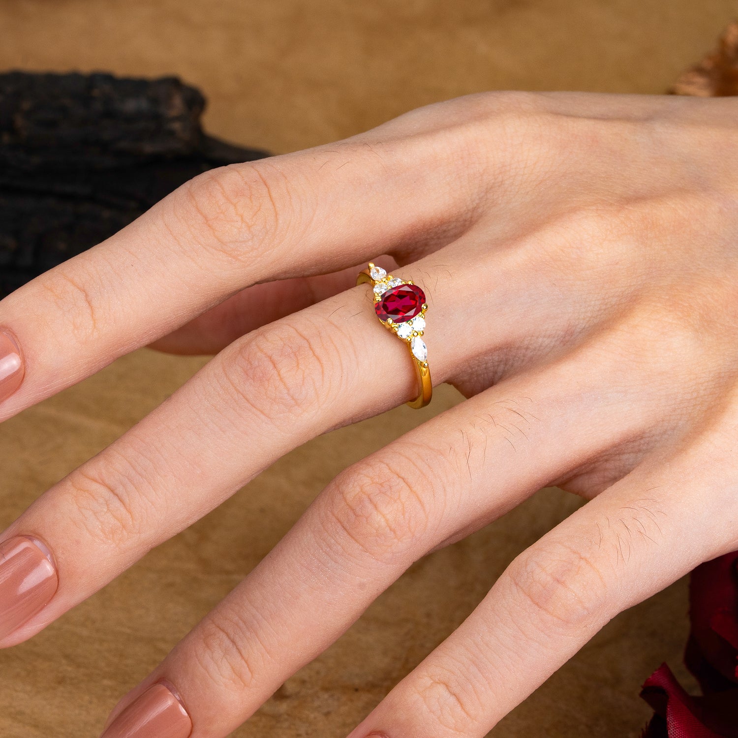 Oval Cut 4 Prong Ruby Classic Side Stone Engagement Ring