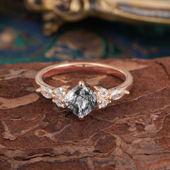 1CT Cushion Cut 4-prong Black Rutilated Quartz Engagement Ring Unique Marquise Cluster Wedding Promise Anniversary Dainty Ring