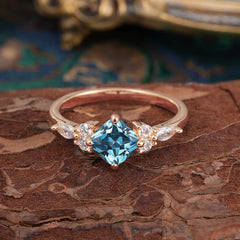 1CT Cushion Cut 4-prong Aquamarine Engagement Ring Unique Marquise Cluster Wedding Promise Anniversary Dainty Ring