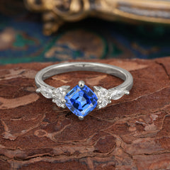 1CT Cushion Cut 4-prong Sapphire Engagement Ring Unique Marquise Cluster Wedding Promise Anniversary Dainty Ring