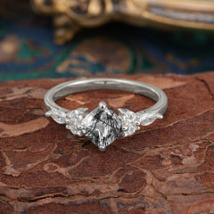 1CT Cushion Cut 4-prong Black Rutilated Quartz Engagement Ring Unique Marquise Cluster Wedding Promise Anniversary Dainty Ring