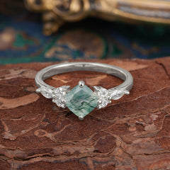 1CT Cushion Cut Moss Agate Engagement Ring Unique Marquise Cluster Wedding Promise Anniversary Dainty Ring