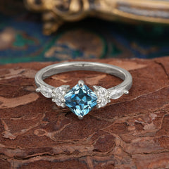 1CT Cushion Cut 4-prong Aquamarine Engagement Ring Unique Marquise Cluster Wedding Promise Anniversary Dainty Ring