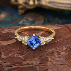 1CT Cushion Cut 4-prong Sapphire Engagement Ring Unique Marquise Cluster Wedding Promise Anniversary Dainty Ring