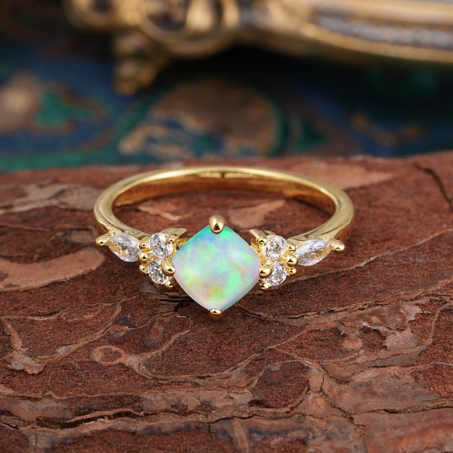 1CT Cushion Cut 4-prong Opal Unique Marquise Engagement Ring