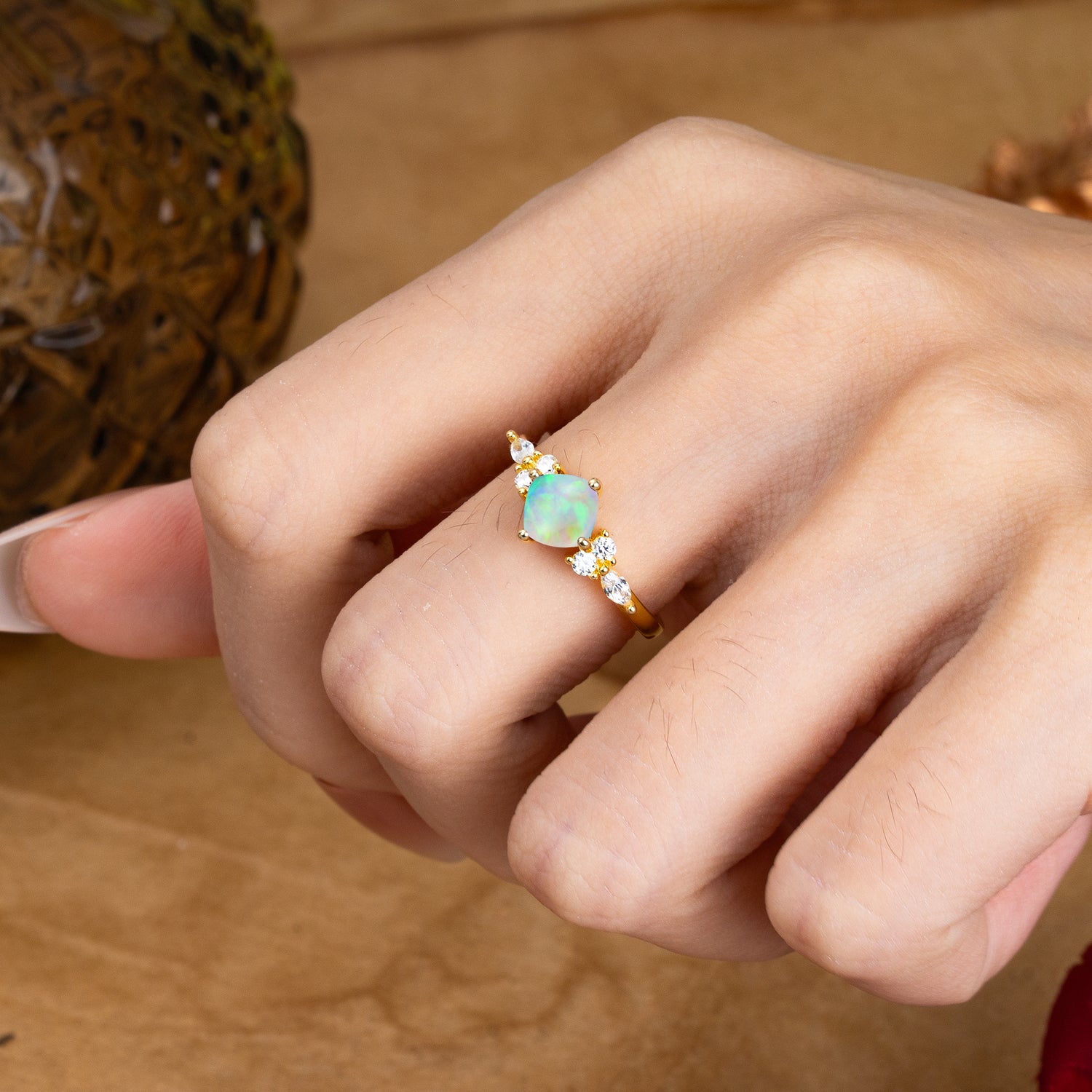 1CT Cushion Cut 4-prong Opal Unique Marquise Engagement Ring