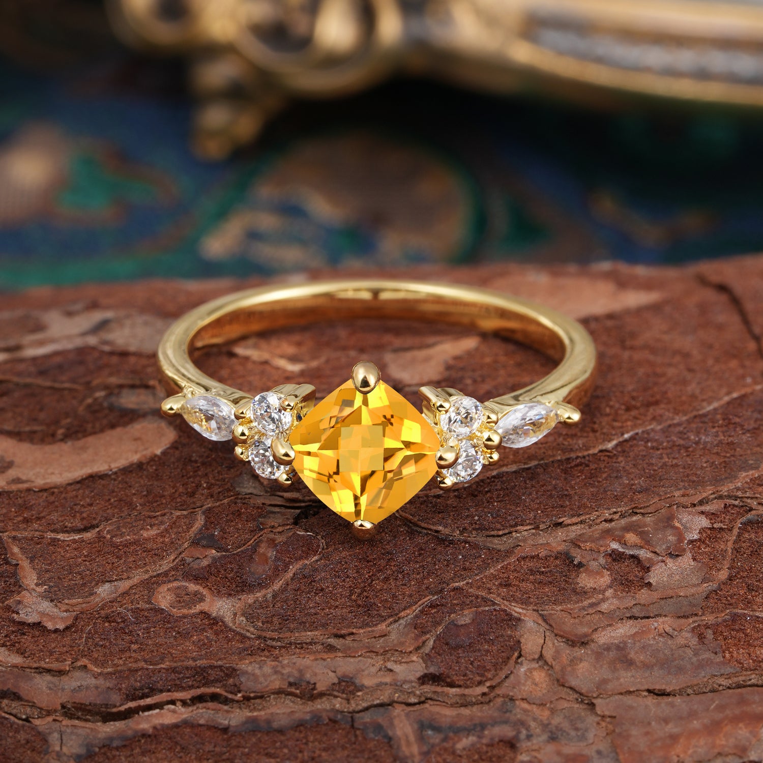 1CT Cushion Cut Citrine Unique Marquise Engagement Ring