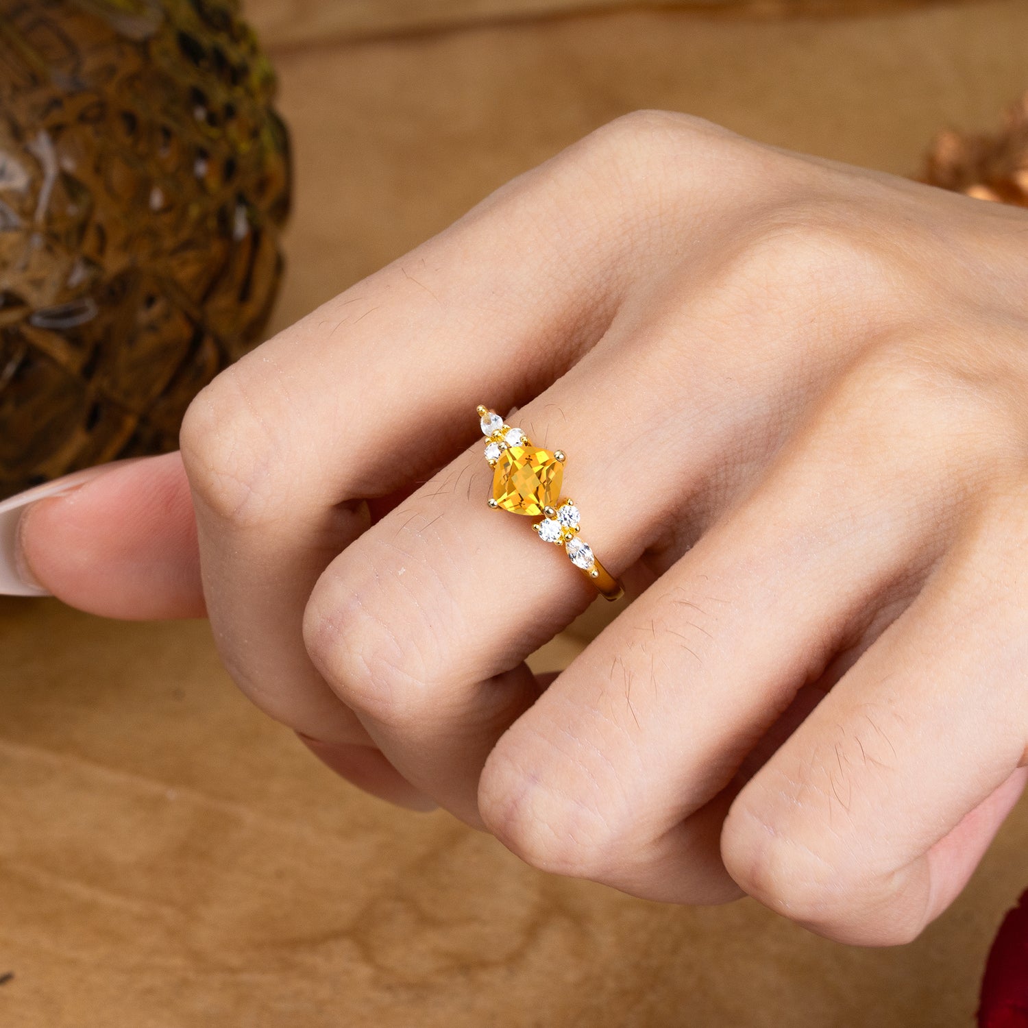 1CT Cushion Cut Citrine Unique Marquise Engagement Ring