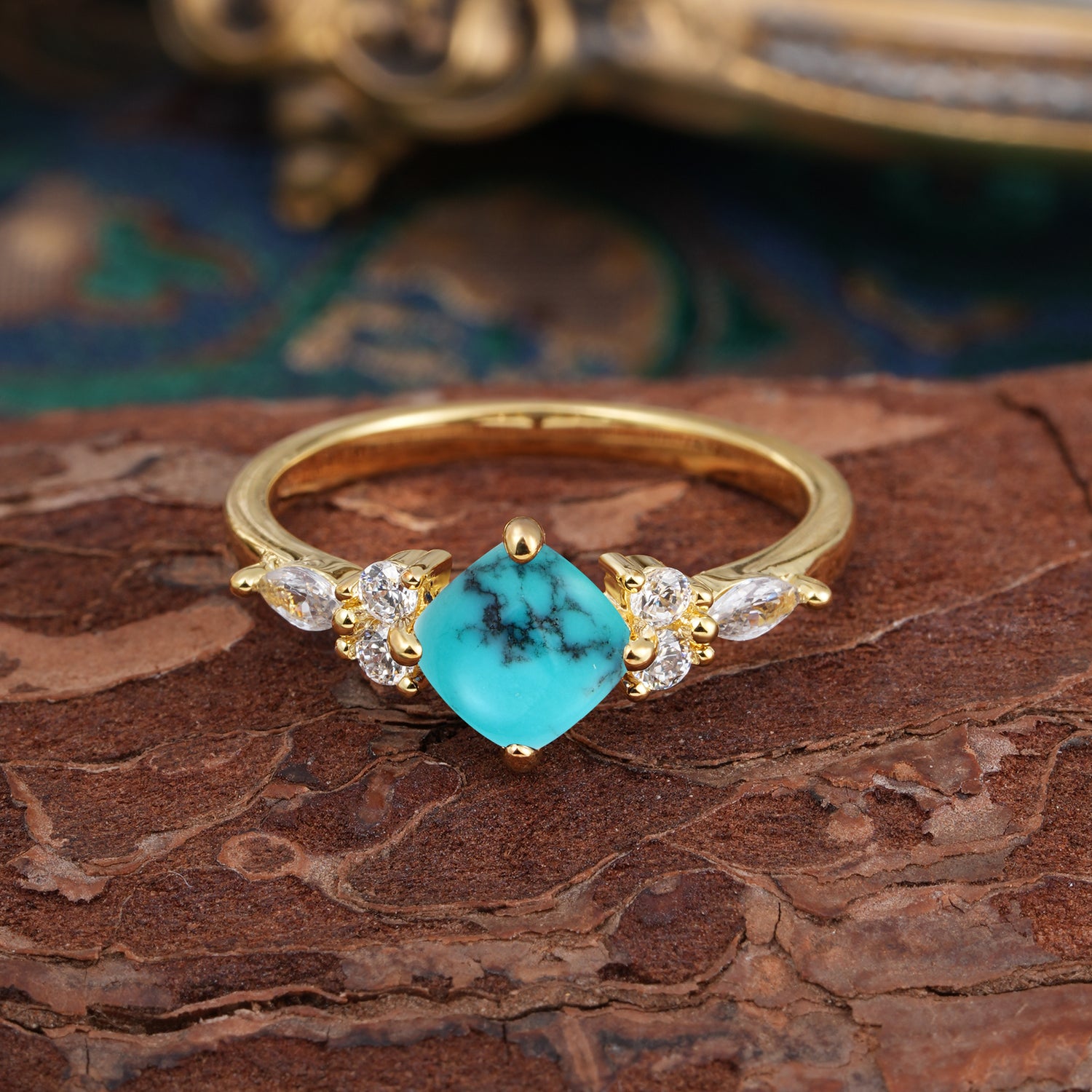 1CT Cushion Cut 4-prong Turquoise Unique Marquise Engagement Ring