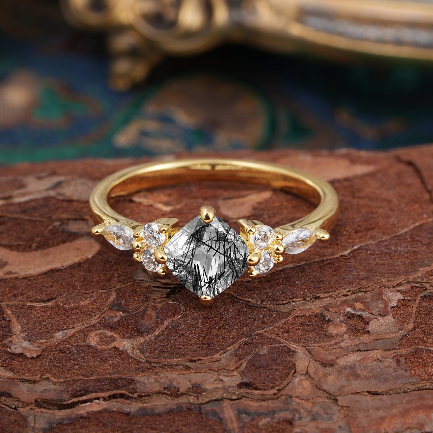 1CT Cushion Cut 4-prong Black Rutilated Quartz Unique Marquise Engagement Ring