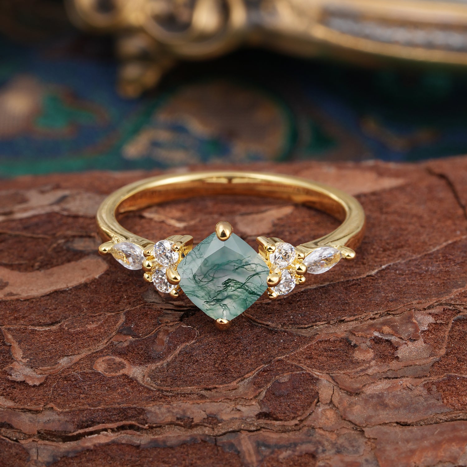 1CT Cushion Cut Moss Agate Unique Marquise Engagement Ring