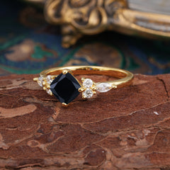 1CT Cushion Cut 4-prong Black Onyx Engagement Ring Unique Marquise Cluster Wedding Promise Anniversary Dainty Ring