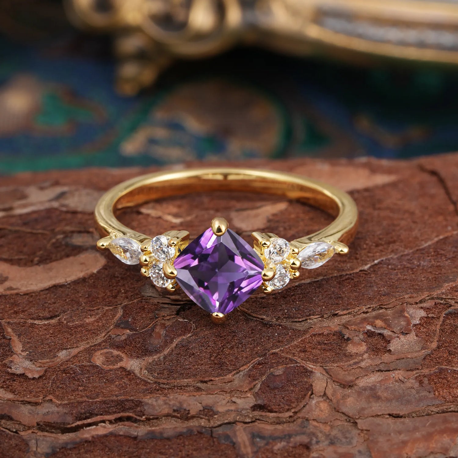 1CT Cushion Cut 4-prong Amethyst Unique Marquise Engagement Ring