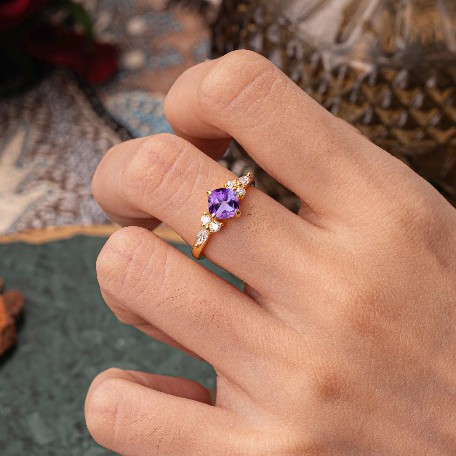 1CT Cushion Cut 4-prong Amethyst Unique Marquise Engagement Ring