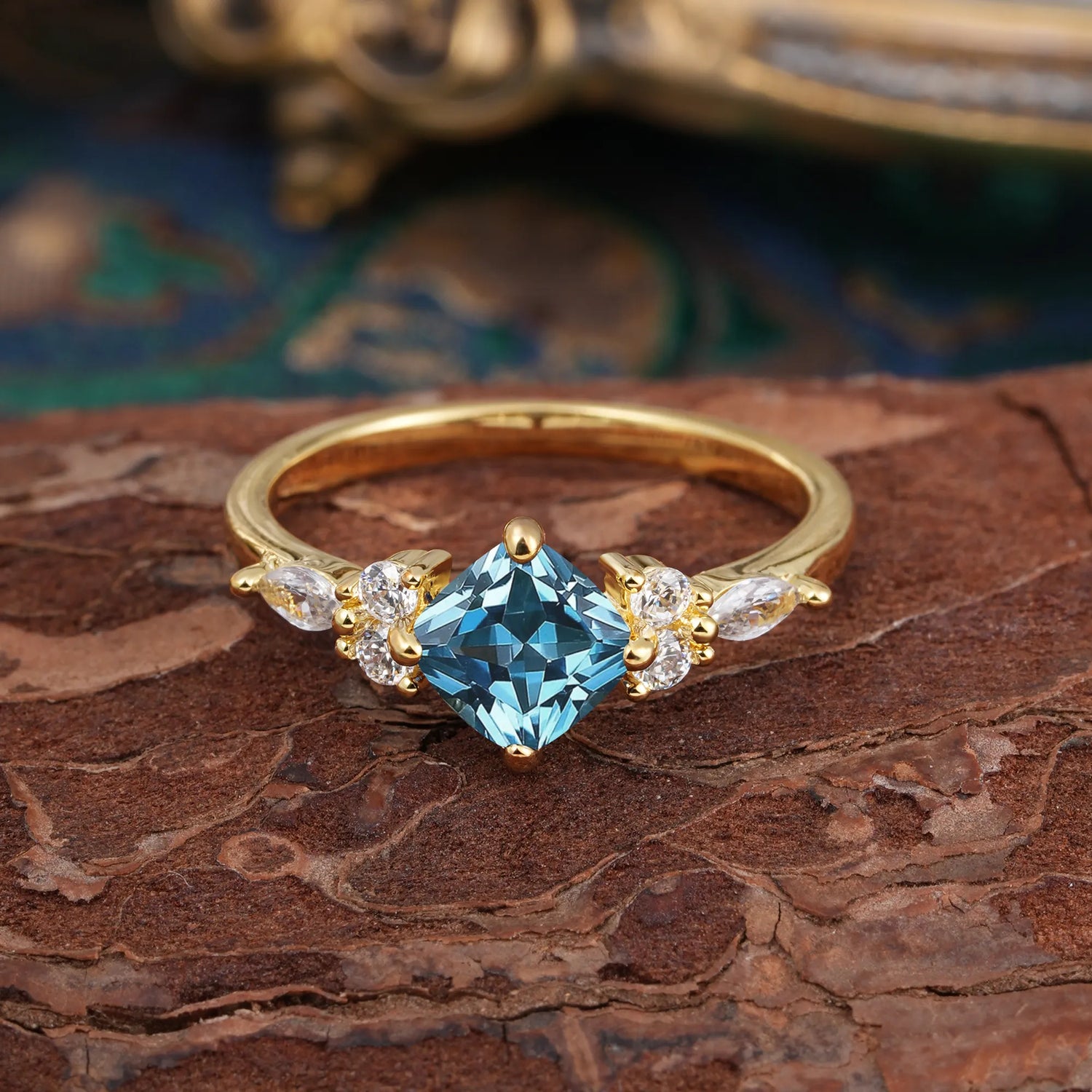 1CT Cushion Cut 4-prong Aquamarine Unique Marquise Engagement Ring