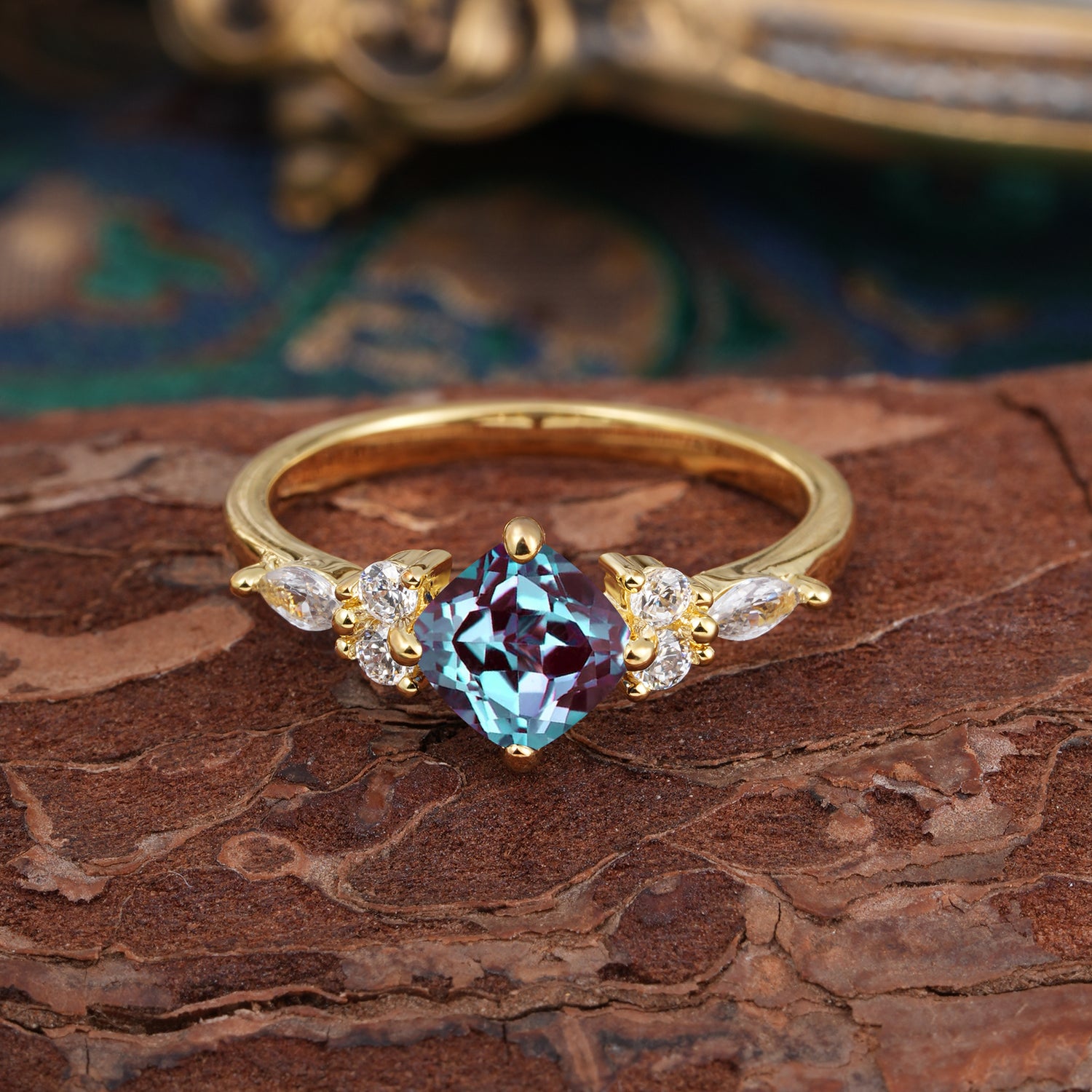 1CT Cushion Cut Alexandrite Unique Marquise Engagement Ring