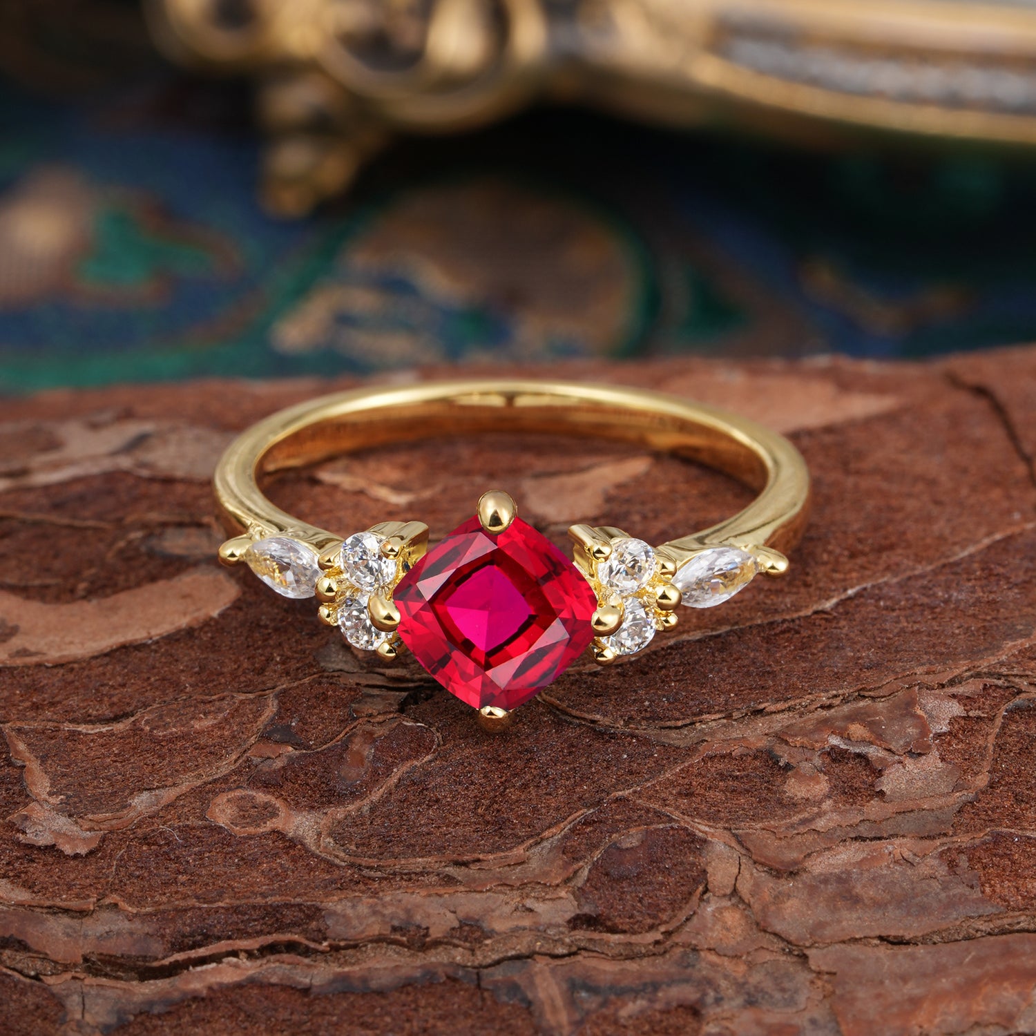 1CT Cushion Cut Ruby Unique Marquise Engagement Ring