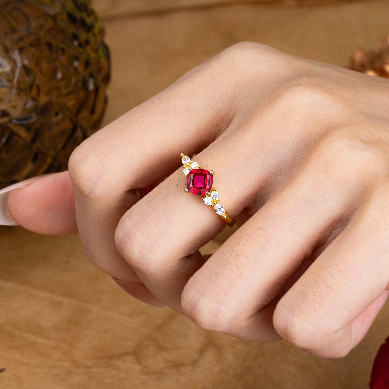 1CT Cushion Cut Ruby Unique Marquise Engagement Ring