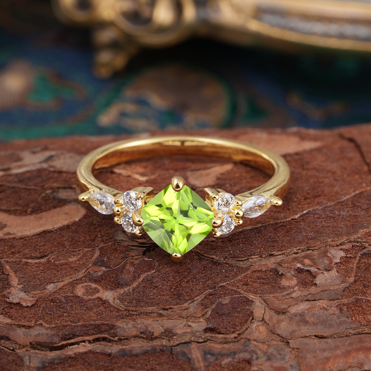 1CT Cushion Cut 4-prong Peridot Unique Marquise Engagement Ring