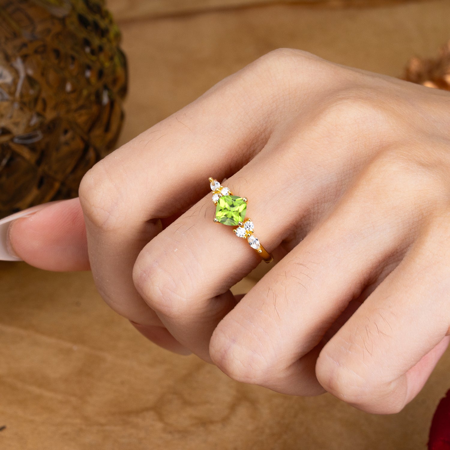 1CT Cushion Cut 4-prong Peridot Unique Marquise Engagement Ring