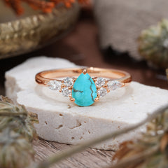 3 Prong Classic Pear Cut Side Stone Turquoise Engagement Ring