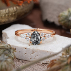 Classic Pear Shaped Side Stone Black Rutilated Quartz Engagement Ring