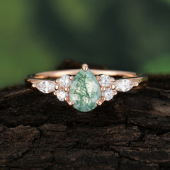 Classic Pear Shaped Side Stone Moss Agate Engagement Ring