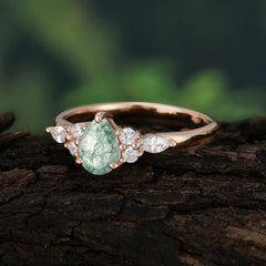 Classic Pear Shaped Side Stone Moss Agate Engagement Ring
