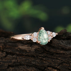 Classic Pear Shaped Side Stone Moss Agate Engagement Ring