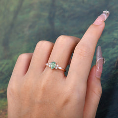 Classic Pear Shaped Side Stone Moss Agate Engagement Ring