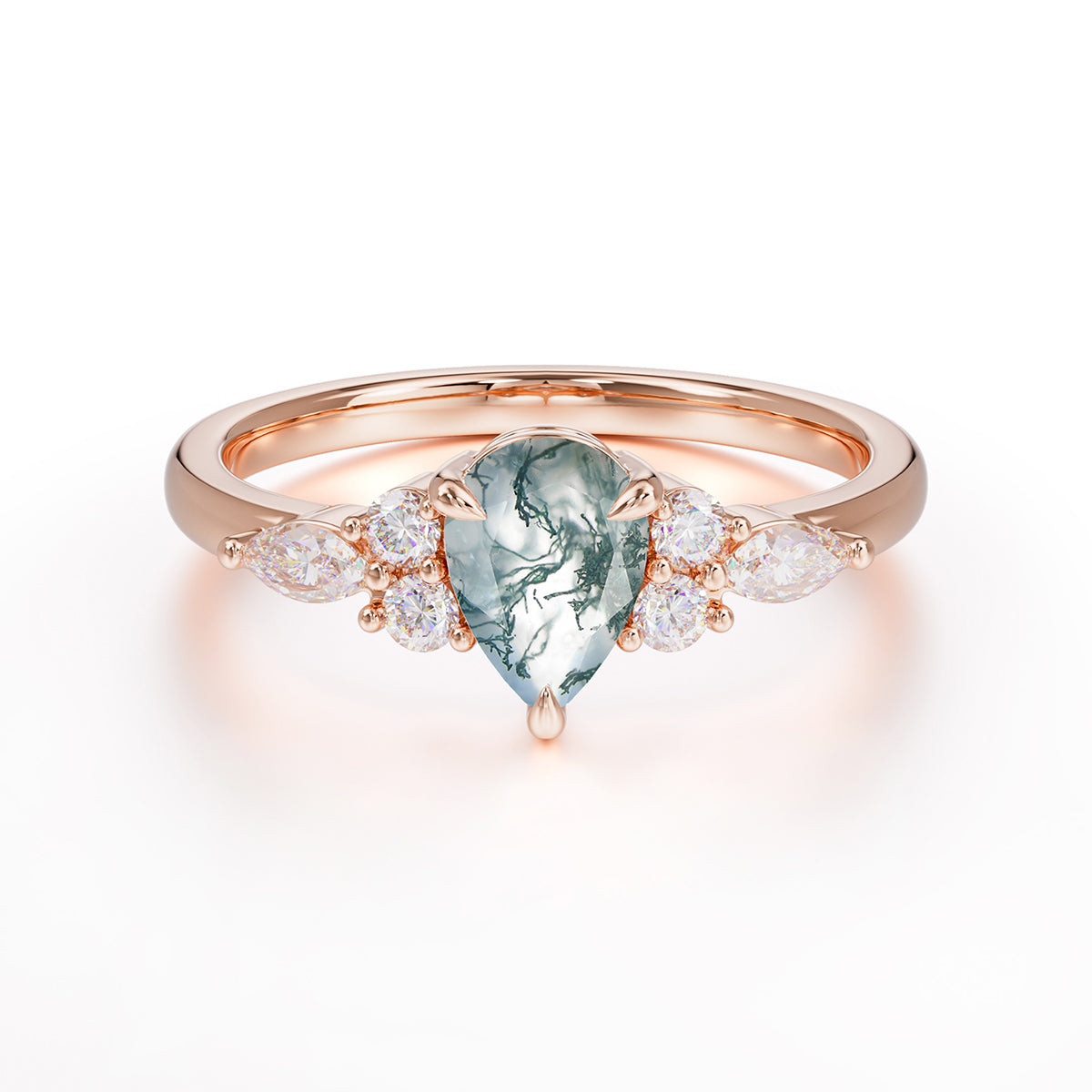 Classic Pear Shaped Side Stone Moss Agate Engagement Ring
