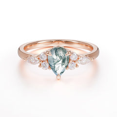 Classic Pear Shaped Side Stone Moss Agate Engagement Ring