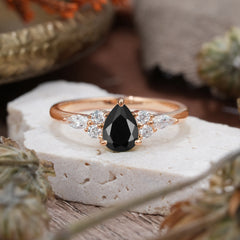 3 Prong Classic Pear Cut Side Stone Black Onyx Engagement Ring