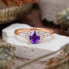 3 Prong Classic Pear Cut Side Stone Amethyst Engagement Ring