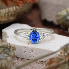 Classic Pear 3 Prong Shaped Side Stone Sapphire Engagement Ring