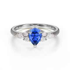 Classic Pear 3 Prong Shaped Side Stone Sapphire Engagement Ring