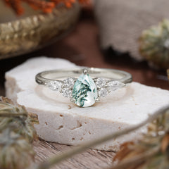 Classic Pear Shaped Side Stone Moss Agate Engagement Ring