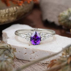 3 Prong Classic Pear Cut Side Stone Amethyst Engagement Ring