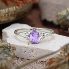 3 Prong Classic Pear Cut Side Stone Amethyst Engagement Ring