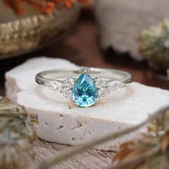 3 Prong Classic Pear Cut Side Stone Aquamarine Engagement Ring