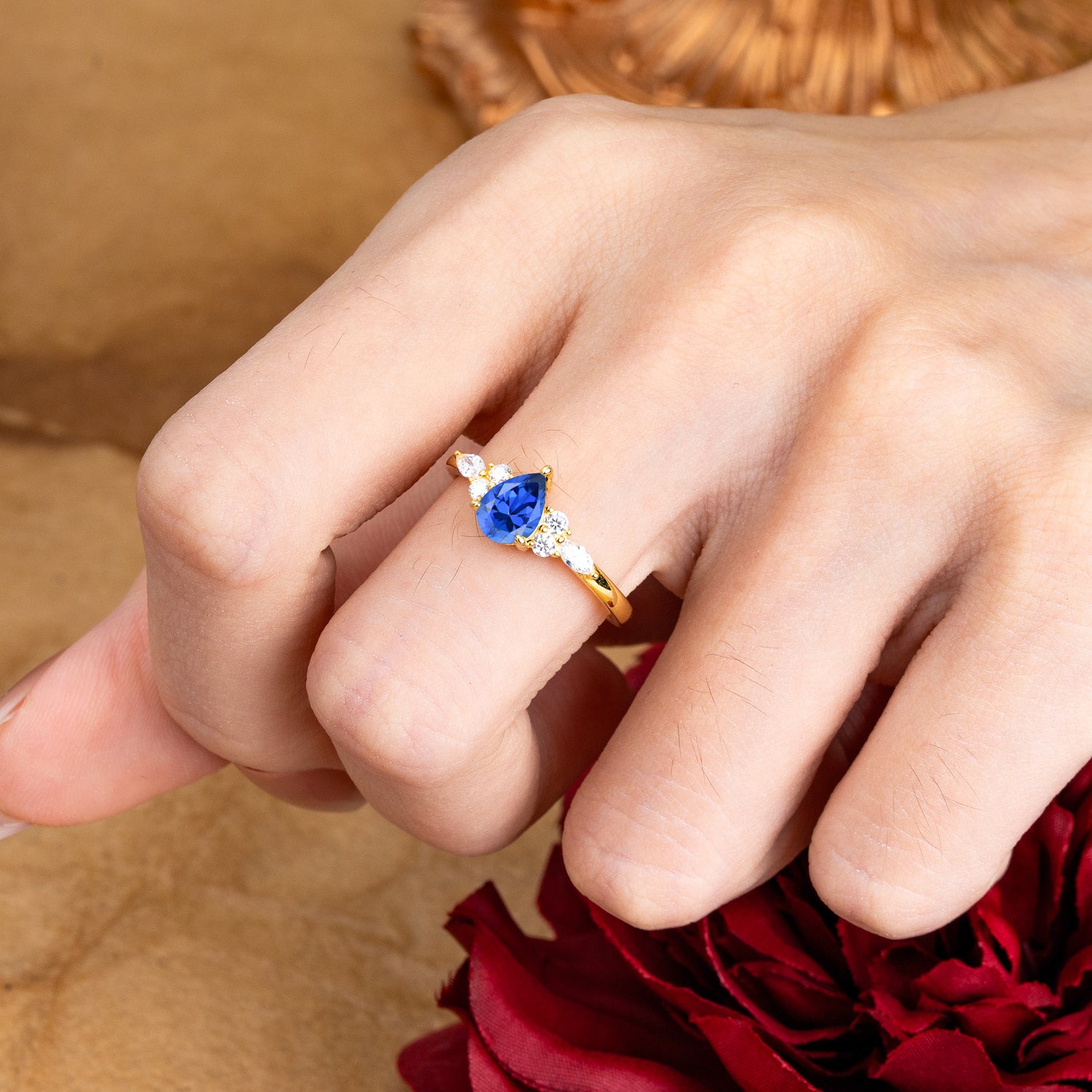 Classic Pear 3 Prong Shaped Side Stone Sapphire Engagement Ring - Romalar Jewelry
