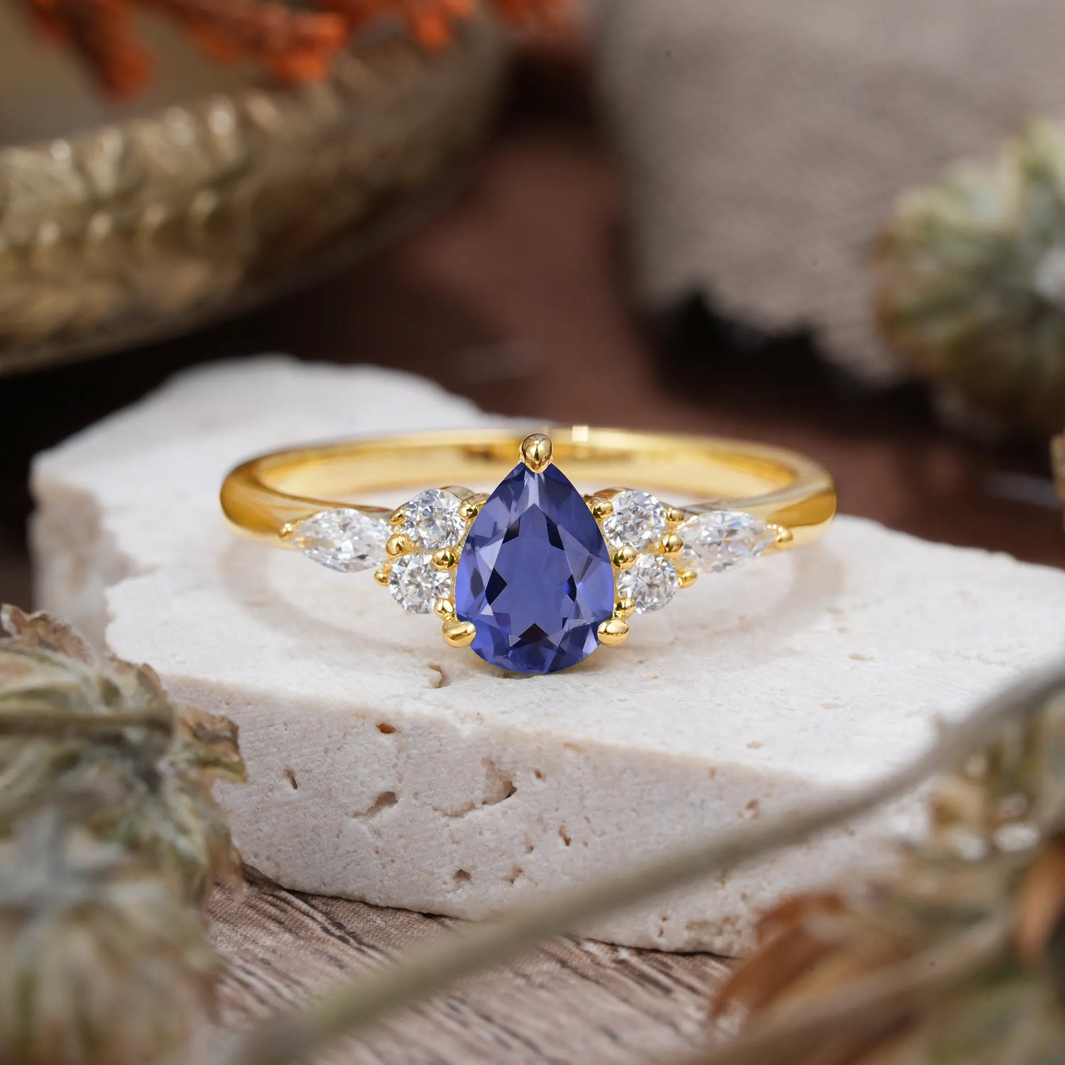 Classic Pear Shaped Side Stone Tanzanite Engagement Ring - Romalar Jewelry