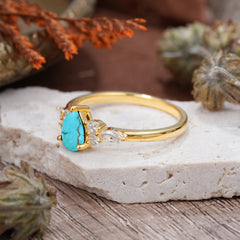 3 Prong Classic Pear Cut Side Stone Turquoise Engagement Ring