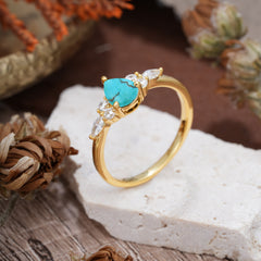 3 Prong Classic Pear Cut Side Stone Turquoise Engagement Ring